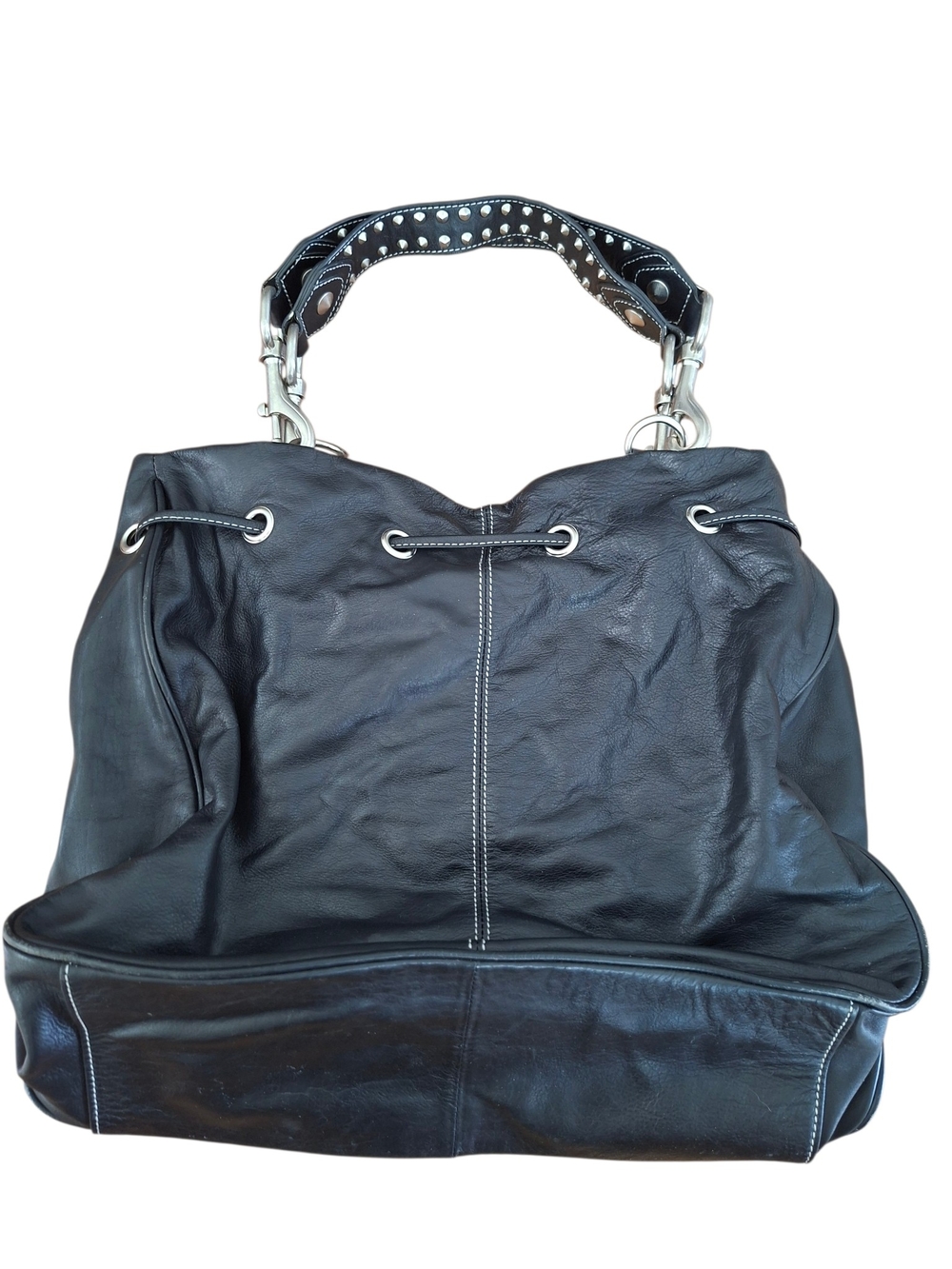 Vtg Betsey Johnson Black Leather Studded Kiss Lock Hobo Bucket Bag Y2K Rare - Picture 4 of 16